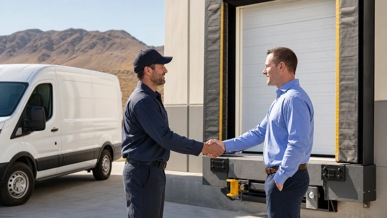 Facility customer and loading dock repair technician shaking hands after a completed dock repair